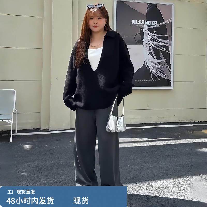 大码女装法式松弛感V领针织衫2025秋冬微胖mm设计感宽松长袖毛衣