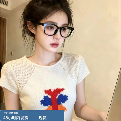自留款推荐~设计感镂空撞色提花针织衫女夏季新款甜美风薄款上衣