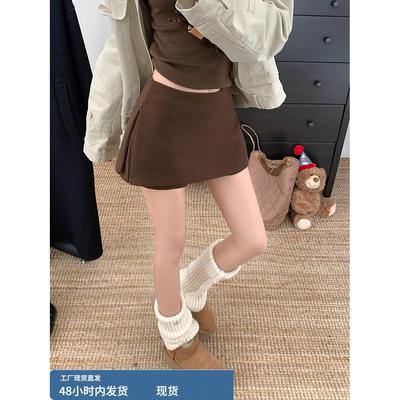咖色毛呢半身裙裤女秋冬小个子覆古修身a字裙配靴子冬天外穿短裙
