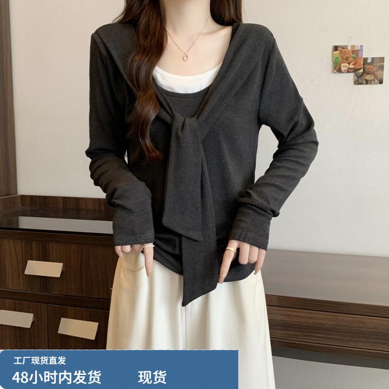 大码女装2025新款秋季韩系高级感chic别致上衣时髦假两件撞色t恤