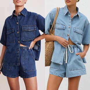 Women short shorts denim loose shirt casual Retro sleeved