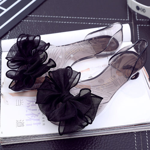Bowknot big jelly shoes crystal flat female sandals大码凉鞋
