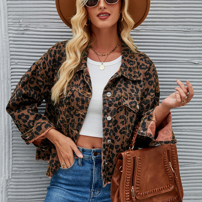 Autumn and winter new leopard print  casual denim jacket top