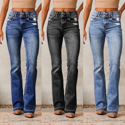 Retro jeans women's spring street pants欧美复古微喇牛仔长裤