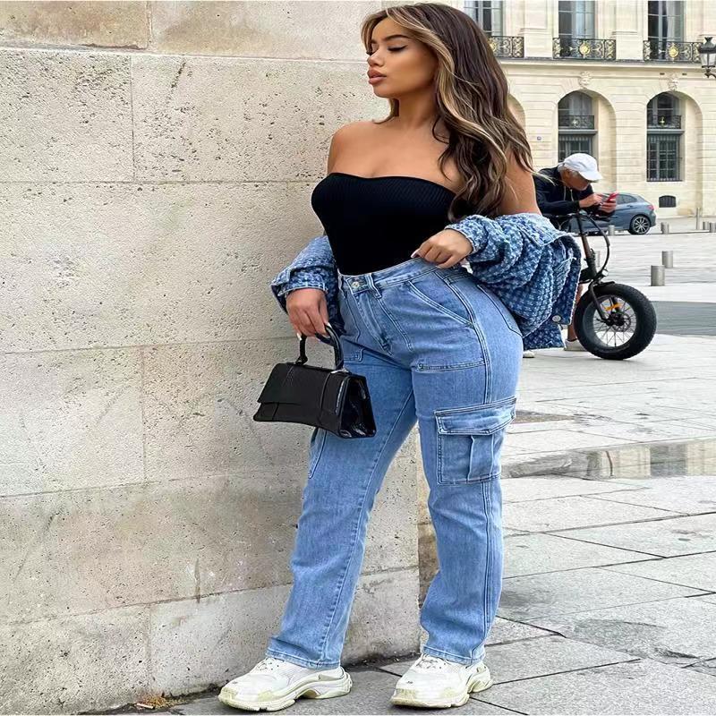 Workwear jeans women autumn winter multi denim wideleg pants