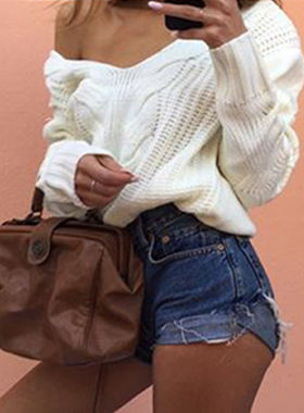 女V领白色毛衣 women v-neck white knitting ladies sweater