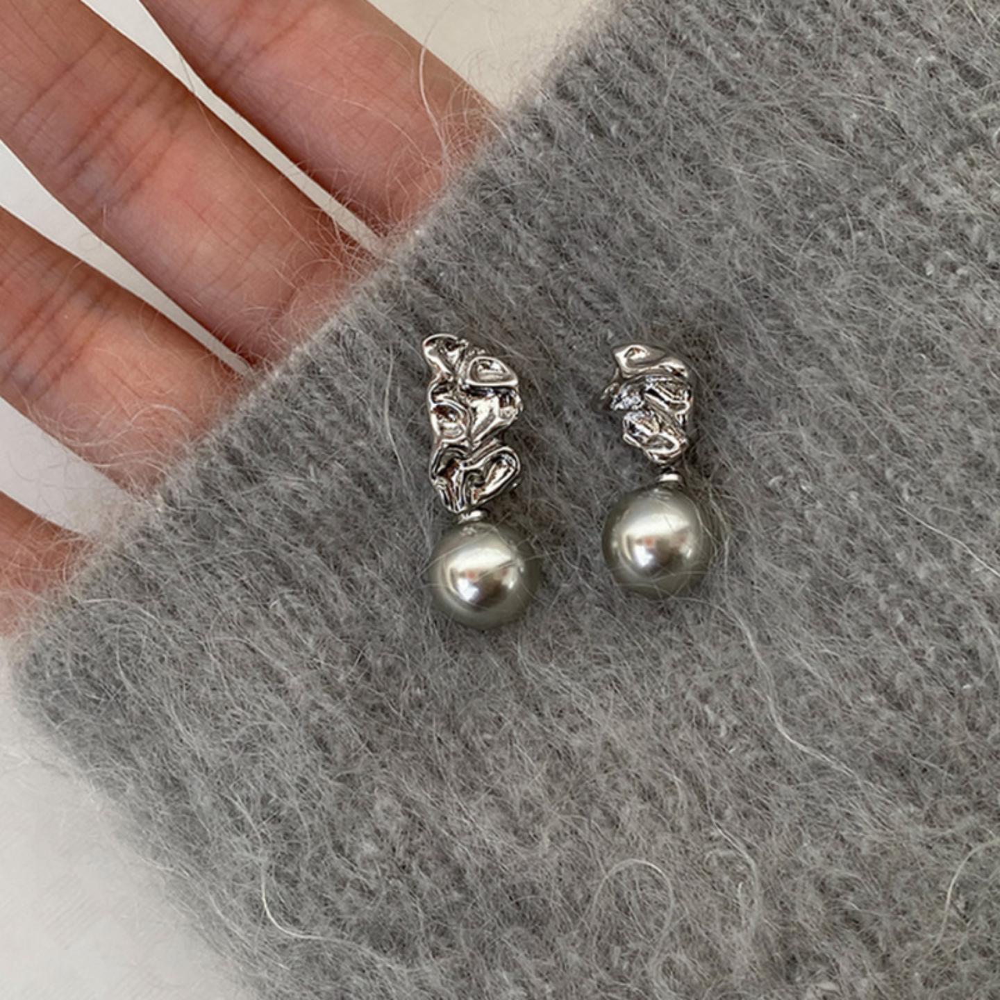 不规则金属珍珠吊坠耳钉女小众
