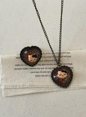 复古做旧豹纹爱心猫咪项链戒指女甜酷风辣妹个性百搭颈链毛衣链