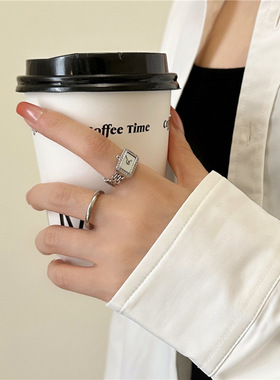 仙女好喜欢金属方形贝壳镶钻手表链条开口戒指指环女ins风饰品