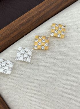 欧美网格编织方牌耳钉立体方格镶