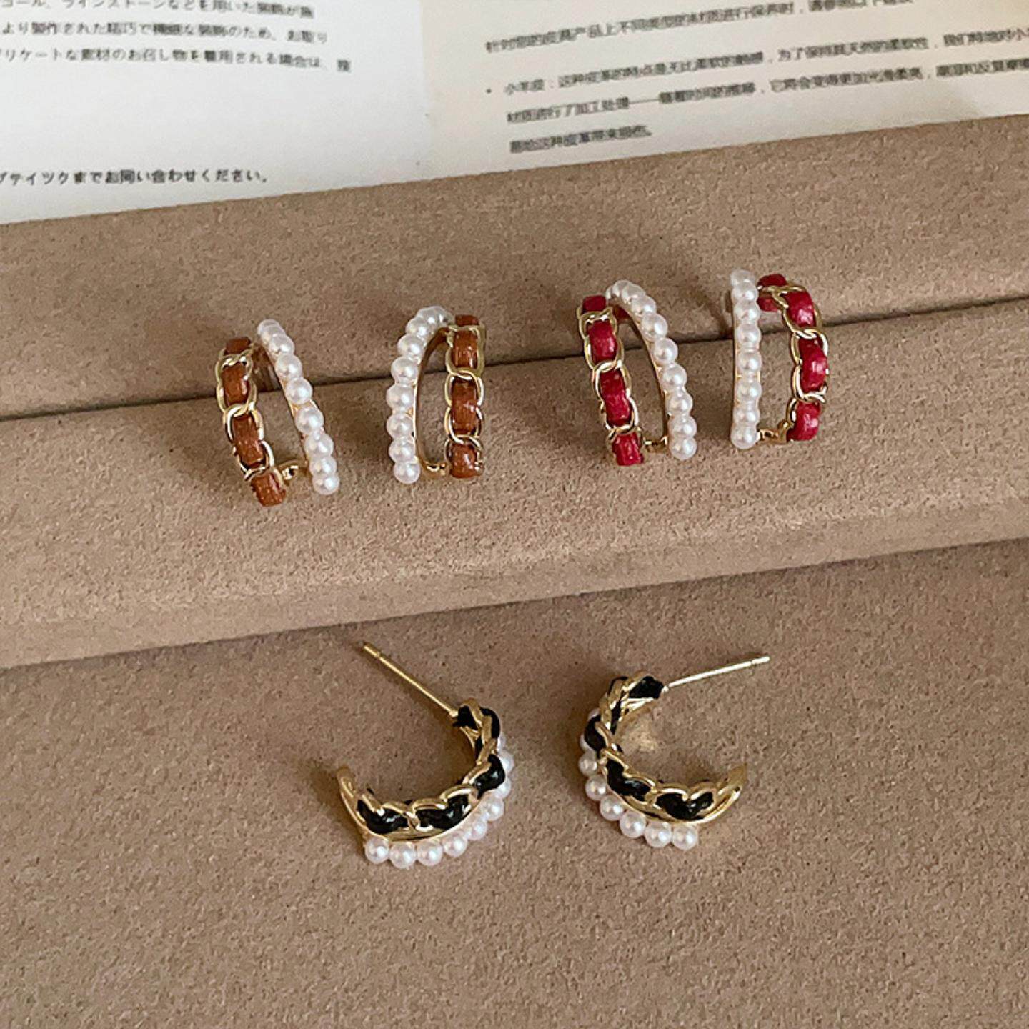 港风复古皮革珍珠双层C圈耳钉女