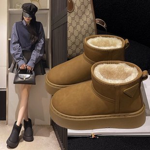 皮面套脚防滑加绒软底短筒女鞋 棉鞋 时尚 厚底雪地靴2025秋冬款