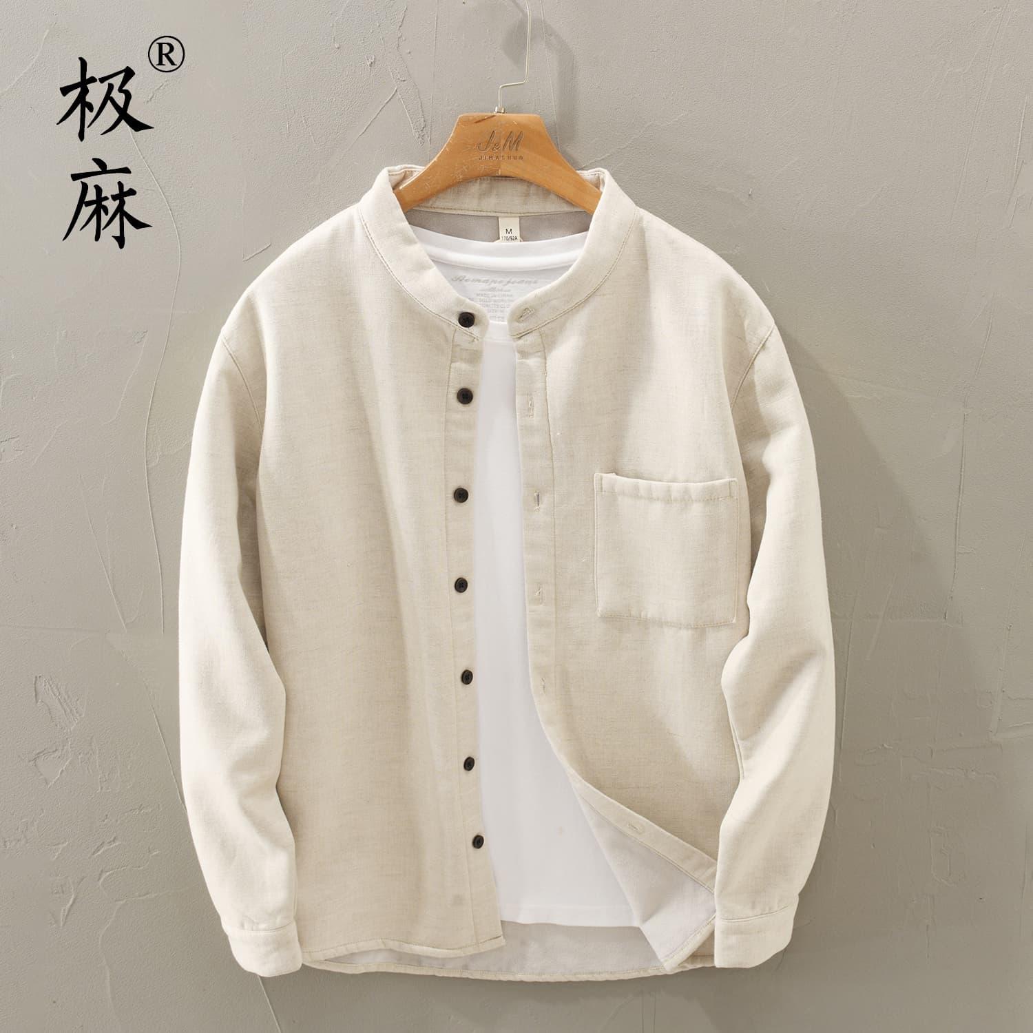 极麻立领加绒棉麻休闲长袖衬衫男士冬季保暖青年舒适宽松亚麻衬衣