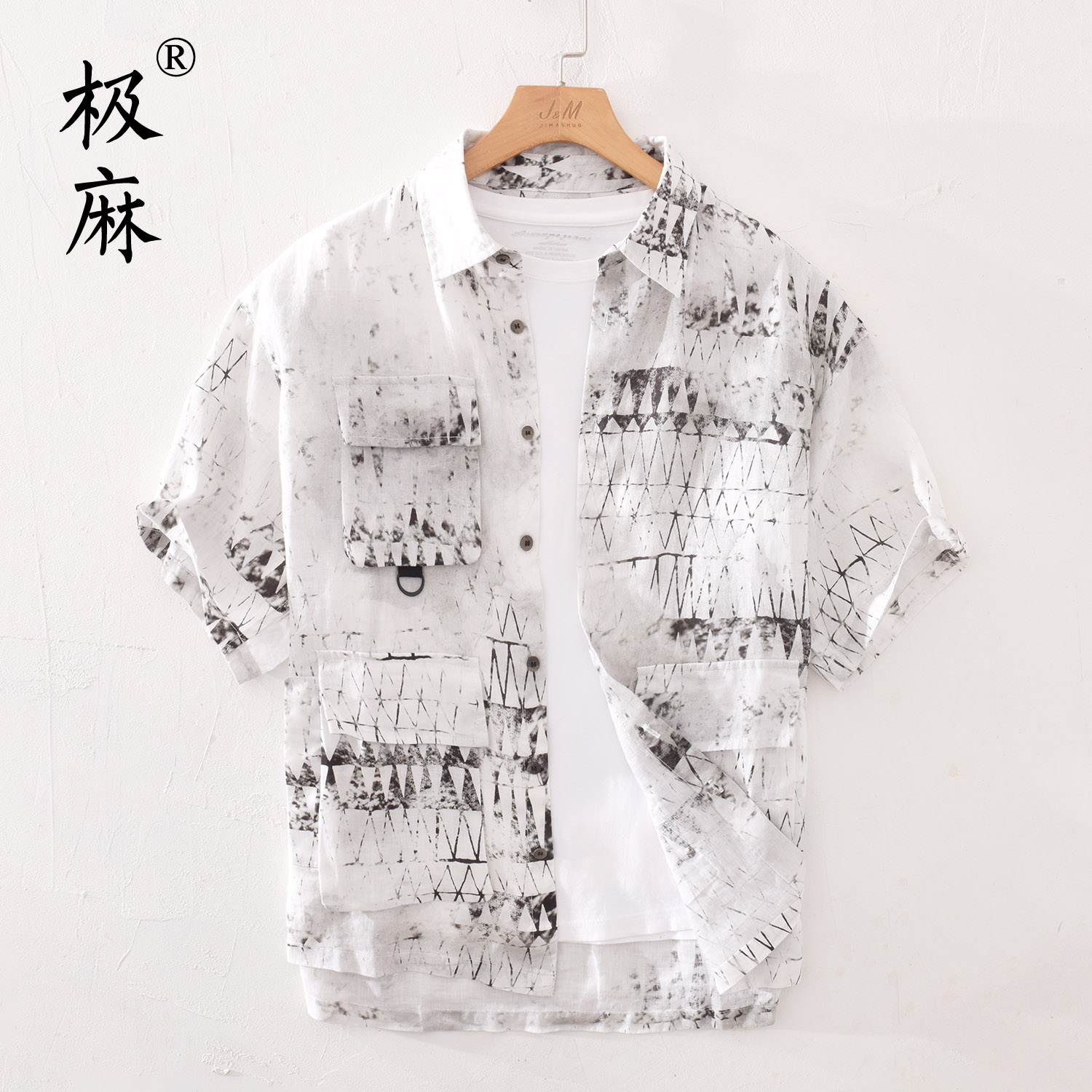 个性潮流印花短袖亚麻衬衫