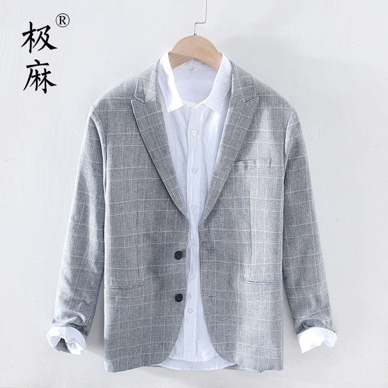 极麻日系格子休闲棉麻小西服男士商务正装青年宽松亚麻西装外套潮