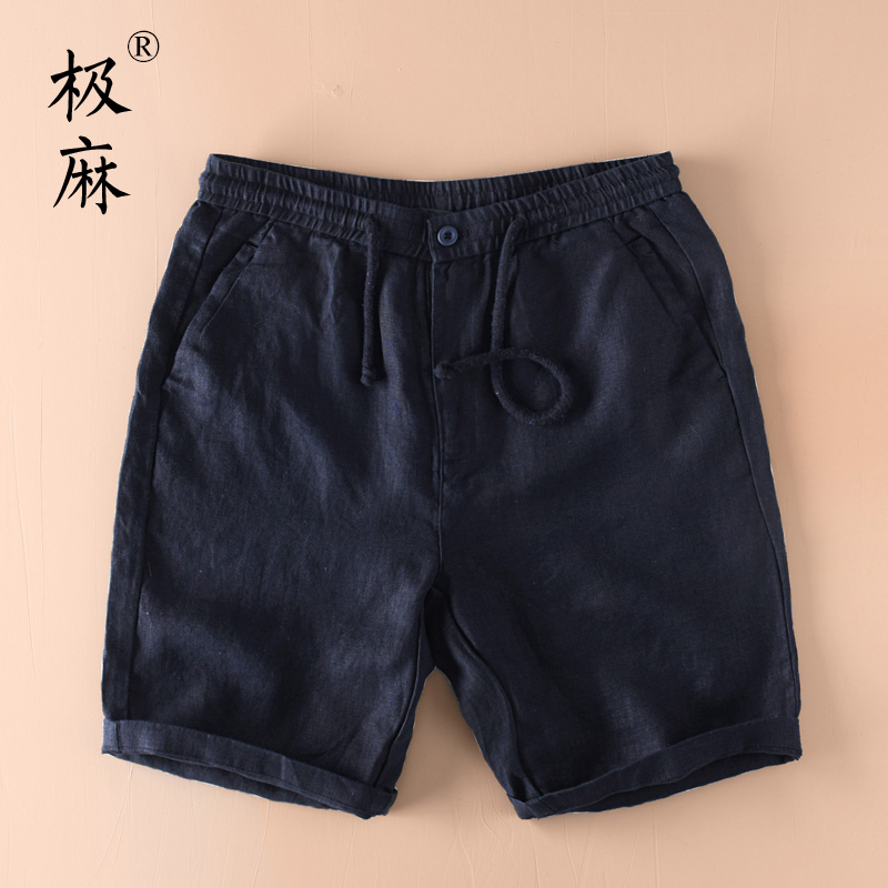 极麻日系直筒抽绳松紧腰亚麻短裤男士夏季休闲薄款宽松棉麻五分裤