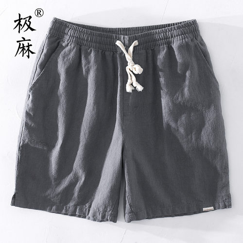 复古抽绳松紧腰苎麻休闲短裤