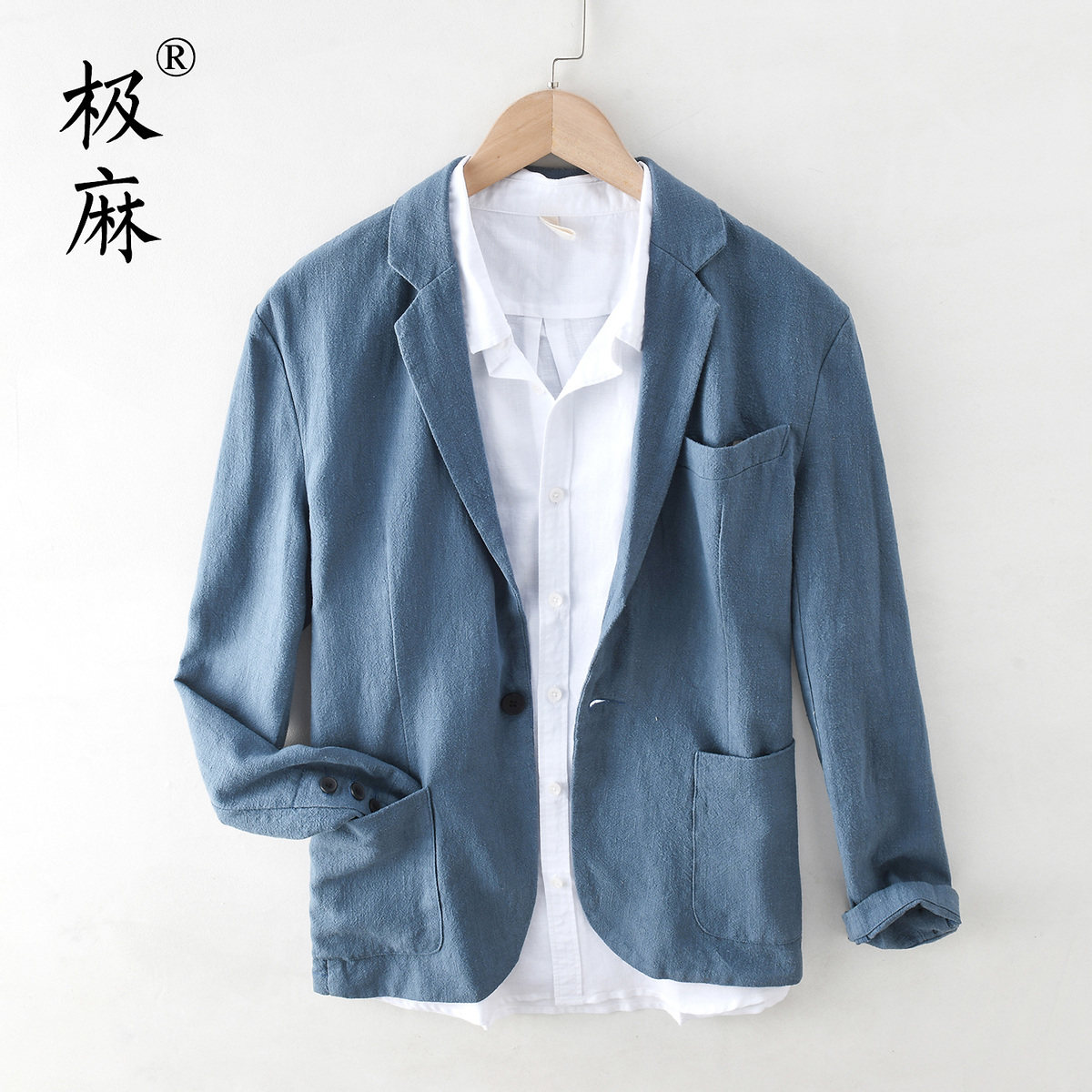极麻复古平驳领休闲棉麻西服男士大码宽松商务西装文艺亚麻外套潮
