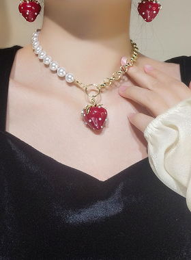 红色草莓水果项链套装珍珠耳环女日韩个性耳饰颈链2021全新锁骨链