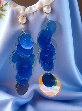 婧冠蓝色圆片流苏耳环度假风气质百搭夏天显脸小夸张个性潮耳饰女