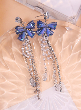 新款宝蓝色蝴蝶结精致网红气质耳环女小众设计长款流苏显脸小耳饰