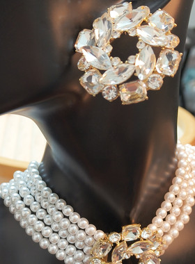 婧冠欧美夸张圆形水晶大耳钉耳环仿珍珠多层气质新娘配饰女颈链