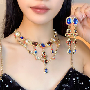 中古vintage耳环银针镶钻椭圆流苏耳钉法式 复古金属耳饰中古饰品