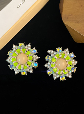 简约时尚绿色花朵珍珠人鱼姬耳环重工中古夸张圆形几何法式大耳钉