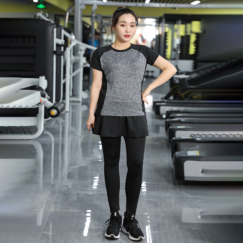 大码瑜伽服女胖mm健身服女春夏薄款宽松运动套装假两件裤裙跑步服