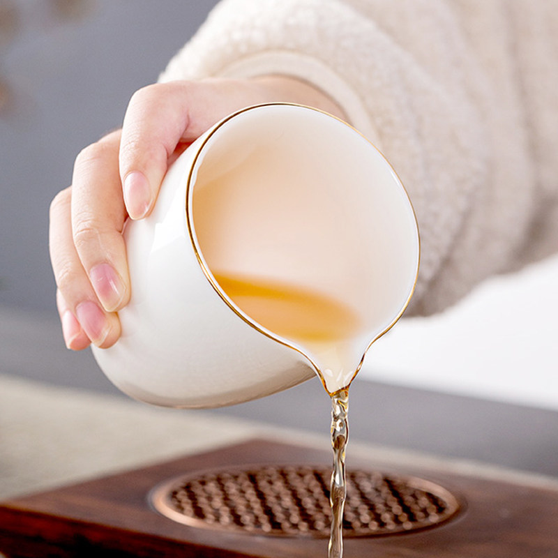 德化羊脂玉白瓷金边公道杯陶瓷家用大茶海过滤分茶器功夫茶具配件