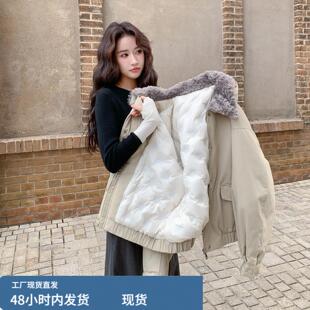 工装风羊羔毛拼接派克羽绒服女短款2025冬高级感气质宽松夹克外套