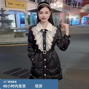 欧货洋气娃娃领收腰羽绒服女款2025冬季新款小香风黑色高级感外套