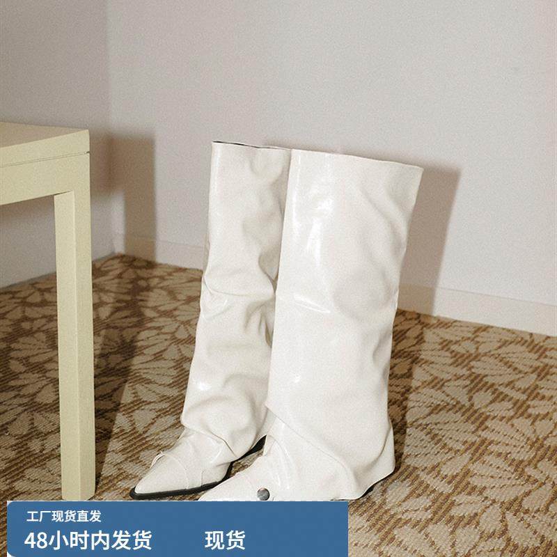 梨小七~高筒长靴女法式气质裤管靴女小众时髦不过膝炸街骑士靴子