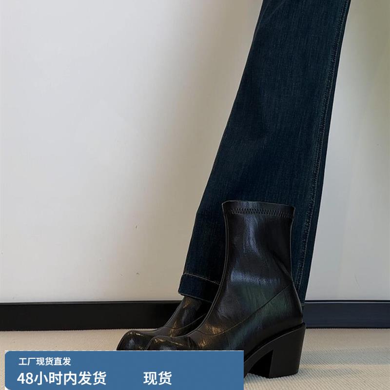 牛皮版~时髦小众新款后拉炼弹力瘦瘦靴女简约真皮设计感个性短靴
