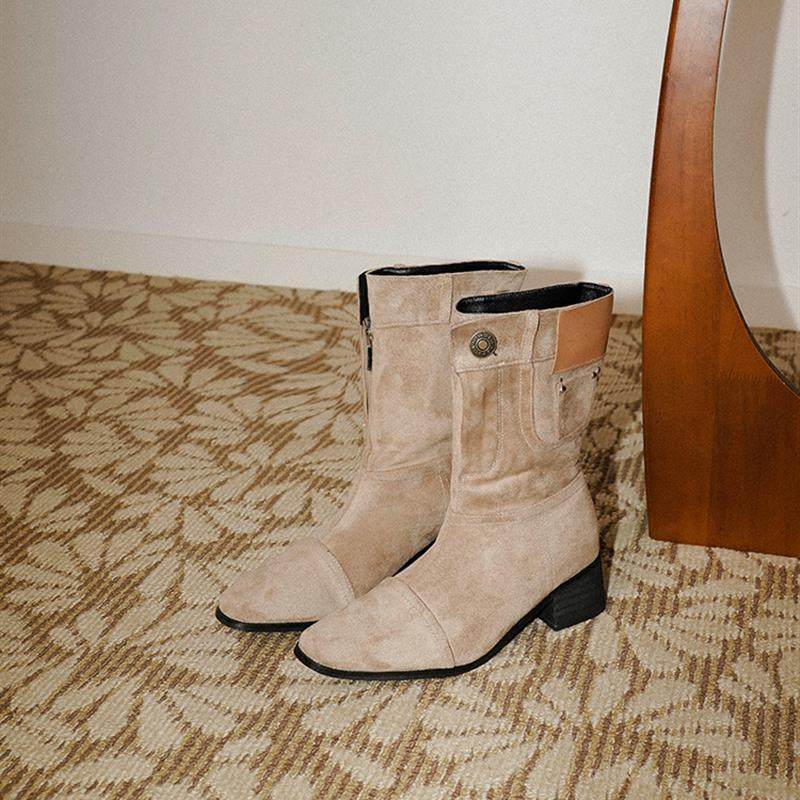 梨小七~时髦小众纵面方头西部牛仔靴女秋冬覆古设计感宽筒中筒靴