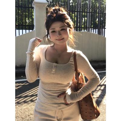 大码胖MM纯欲U领纽扣辣妹纯欲性感亨利衫长袖T恤女秋冬收腰上衣女