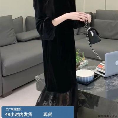 轻熟御姐清冷富家千金穿搭法式小资黑色宽松显瘦遮肉丝绒连衣裙女