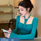 纯欲辣妹性感小众绑带U领挂颈上衣女秋冬绝美设计感褶皱长袖 T恤衫