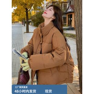 卡其色短款羽绒服女2025冬季新款小个子时尚立领面包服白鸭绒外套