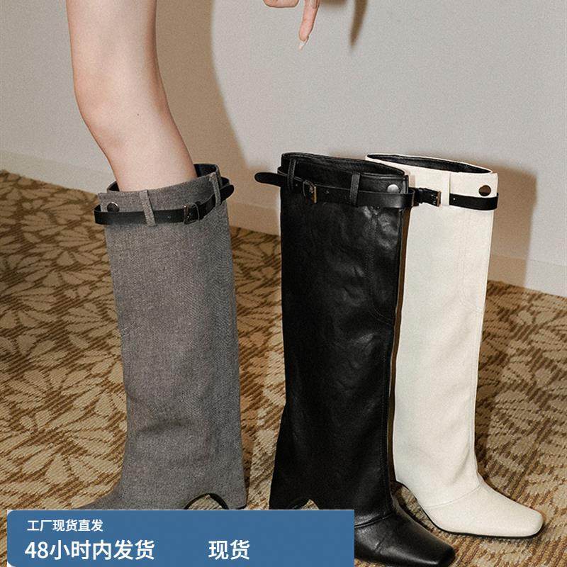 梨小七~小众异形跟直筒靴女方头个性时髦皮带扣遮肉长筒骑士靴子