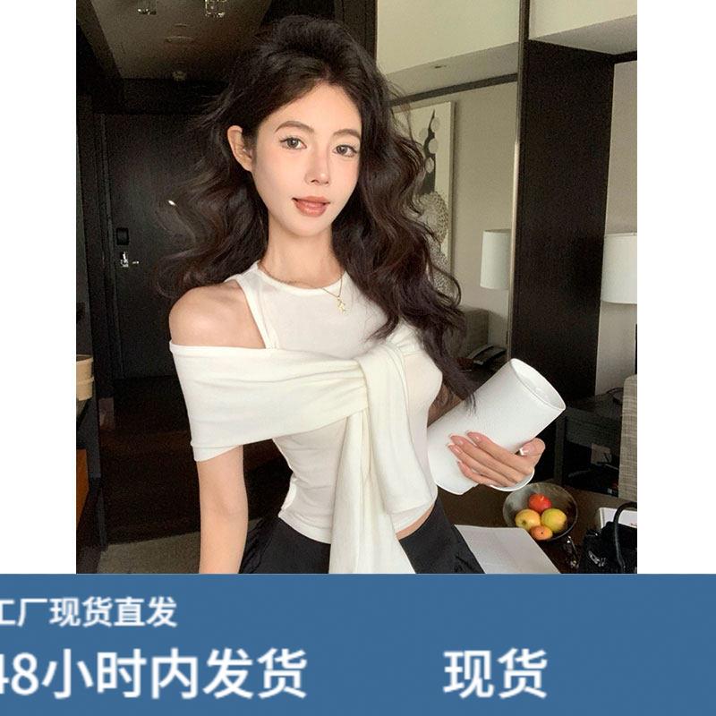 白色一字露肩设计性感绑带短袖t恤女夏季修身短款收腰辣妹上衣黑