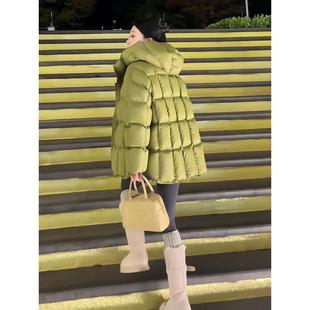 云朵泡芙方块格子绿色短款羽绒服女冬季2025新款白鸭绒连帽面包服