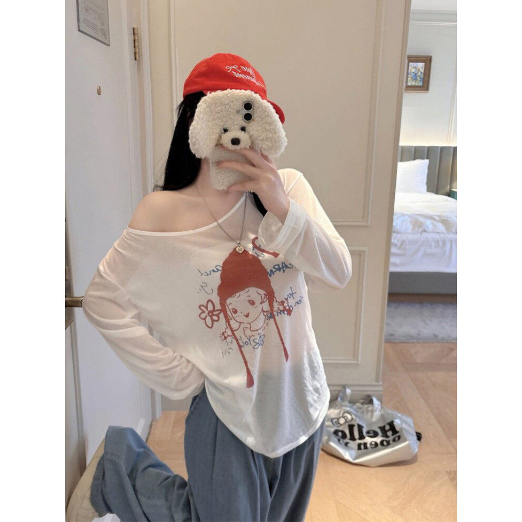 斜肩薄款微透长袖T恤修身短款美背露肩抹胸上衣女夏季防晒两件套图片