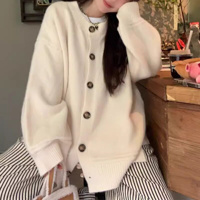 2024年春秋外套上衣秋款针织衫毛衣女慵懒宽松中长款纯色开衫外穿