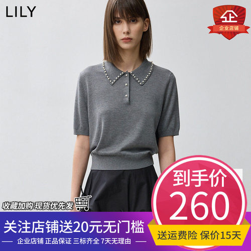 LILY2026春新款格雷系芭蕾风珍珠POLO领气质通勤短袖针织衫女毛衣