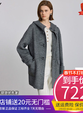 LILY2025冬新款女装羊毛桑蚕丝羊驼毛连帽毛领双面呢大衣毛呢外套