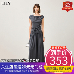 【LILY时光小黑裙】商场同款2025春莱赛尔绵羊毛荡领收腰连衣裙女