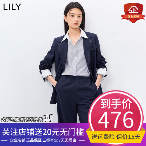 LILY2026春新款女装复古经典驳领休闲气质职业通勤藏青色西装外套