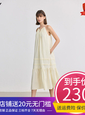 LILY2025春新款女装气质宽松休闲小V领挂脖连衣裙黄色A字蛋糕裙