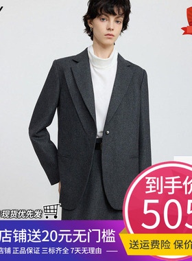 LILY2025冬新款羊毛混纺格雷系不对称气质通勤加厚灰色西装外套女